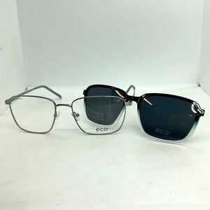 ECO Men’s Buckhorn Silver Eyeglasses Frames & Polarized Sun Clip On. RXable. NWT